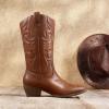 imageDREAM PAIRS Womens Cowboy Boots Pull On Cowgirl Boots Mid Calf Western Boots Available in Regular and Wide CalfTan