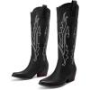 imageDREAM PAIRS Womens Cowboy Knee High Boots Comfortable Pull On Side Zipper Chunky Heel Embroidered Western Cowgirl Boots Retro Tall BootBlack
