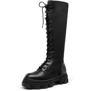 imageDREAM PAIRS Knee High Boots Women Fashion Combat Boots Chunky Platform Lace Up Lug Sole Boots For WomenBlackKnitting