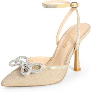 imageDREAM PAIRS Womens High Heels Destiny Closed Toe Strappy Heels Sexy Rhinestone Ankle Strap Pumps Wedding Bridal Party Dress Shoes DestinyGold