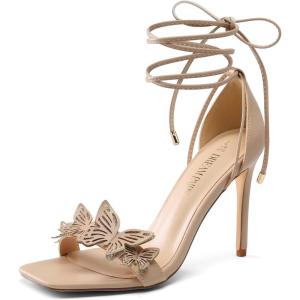 imageDREAM PAIRS Lace Up High Shoes Stilletos Sandals for Women Strappy Gladiator Open Square Toe Fashion Dressy Sandals Wedding Bridal Pumps Sandals ShoesNudepu