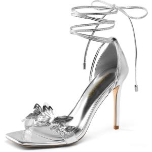 imageDREAM PAIRS Lace Up High Shoes Stilletos Sandals for Women Strappy Gladiator Open Square Toe Fashion Dressy Sandals Wedding Bridal Pumps Sandals ShoesSilverpat