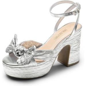 imageDREAM PAIRS Womens Chunky Platform Heels Sandals Pleated Bow Knot Ankle Buckle Strap Heeled Sandals Open Toe Comfortable Wedding Party Dress ShoesSilver
