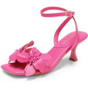 imageDREAM PAIRS Womens Flower Wedding Heels Cute Square Toe Slingback Low Kitten Heels Sandals with Ankle StrapHot Pinkpu