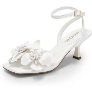 imageDREAM PAIRS Womens Flower Wedding Heels Cute Square Toe Slingback Low Kitten Heels Sandals with Ankle StrapWhitepu