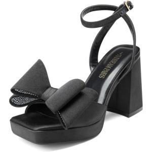 imageDREAM PAIRS Womens Platform Chunky Heels Fashion Bowknots High Block Square Toe Dress Sandals for Wedding Bridal PartyBlacksatin