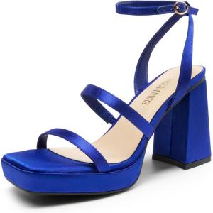 imageDREAM PAIRS Womens Platform Strappy Heels Open Toe Ankle Strap Square Party Sandals Y2K Dress ShoesRoyal Bluesatin