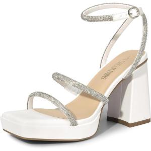 imageDREAM PAIRS Womens Platform Strappy Heels Open Toe Ankle Strap Square Party Sandals Y2K Dress ShoesWhiterhinestone