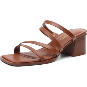 imageDREAM PAIRS Womens Strappy Heels Block Open Toe Low Heel Chunky Mules Sandals Dress ShoesTan