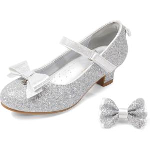 imageDREAM PAIRS Girls Dress Shoes Toddler Little Girls Heels Mary Jane Princess Shoes with Interchangeable Bow for Flower Girl Wedding PartySilver