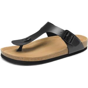imageDREAM PAIRS Arch Support Thong Sandals for Women Casual Leather Flip Flops Dressy Slides with Soft Cork Footbed Adjustable Strap for Summer Beach VacationBlack