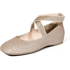 imageDREAM PAIRS Womens Ballet Flats Comfortable SlipOn Square Toe Dress Shoes with Elastic Ankle StrapsGoldglitter