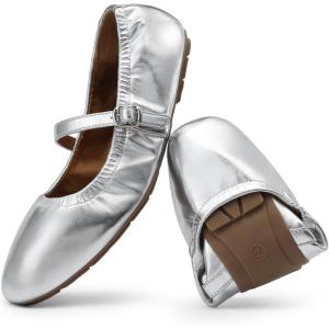 imageDREAM PAIRS Womens Ballet Flats Foldable Square Toe Mary Jane Flats Comfortable Slip On Dress Shoes Business Casual Work Mary Jane ShoesSilver