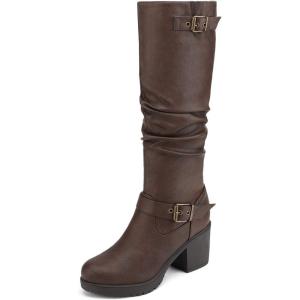 imageDREAM PAIRS Womens Chunky Heel Knee High Boots Side Zipper Round Toe Boots with Faux Fur LiningBrown