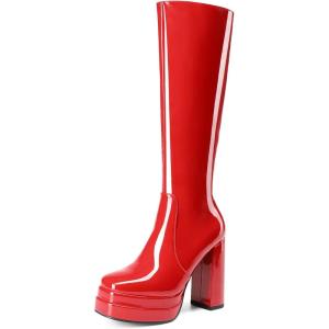 imageDREAM PAIRS Womens Platform Heeled Knee High Boots Long Chunky Tall Gogo Boots for FallRedpat