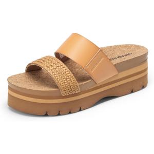 imageDREAM PAIRS Womens Platform Slides Sandals Comfortable Arch Support Footbed Two Strap Slipon Fashion Beach Wedge SandalsTan