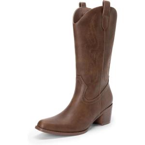 imageDREAM PAIRS Womens Square Toe Cowboy Mid Calf Western BootsBrownpu