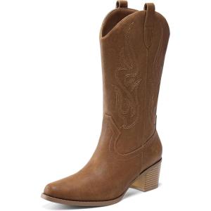 imageDREAM PAIRS Womens Square Toe Cowboy Mid Calf Western BootsTan