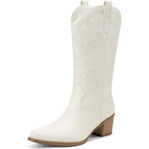 imageDREAM PAIRS Cowboy Boots for Women Cowgirl Western Boots Fashion Embroidery Stitched Chunky Heel Mid Calf BootsAll White