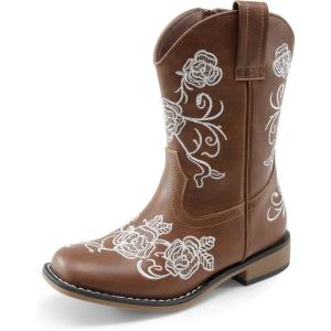 imageDREAM PAIRS Girls Cowboy Boots Floral Embroidered Classic Western Cowgirl Boots Square Toe Mid Calf Side Zipper Horsing Party ToddlerLittleBig KidsBrown