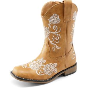 imageDREAM PAIRS Girls Cowboy Boots Floral Embroidered Classic Western Cowgirl Boots Square Toe Mid Calf Side Zipper Horsing Party ToddlerLittleBig KidsCamel