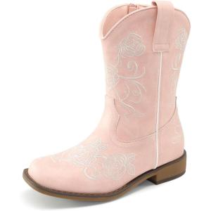 imageDREAM PAIRS Girls Cowboy Boots Floral Embroidered Classic Western Cowgirl Boots Square Toe Mid Calf Side Zipper Horsing Party ToddlerLittleBig KidsPink