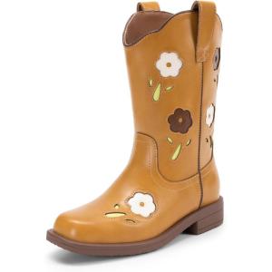 imageDREAM PAIRS Girls Cowboy Cowgirl Boots Floral Embroidered Western Square Toe Mid Calf Toddler Little Big Kid for Birthday Party ConcertCamel