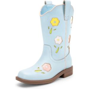 imageDREAM PAIRS Girls Cowboy Cowgirl Boots Floral Embroidered Western Square Toe Mid Calf Toddler Little Big Kid for Birthday Party ConcertLight Blue
