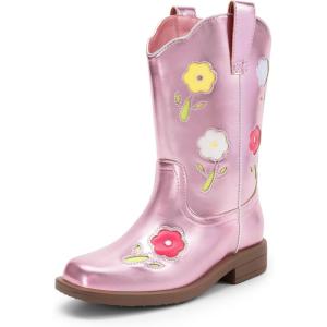 imageDREAM PAIRS Girls Cowboy Cowgirl Boots Floral Embroidered Western Square Toe Mid Calf Toddler Little Big Kid for Birthday Party ConcertPink