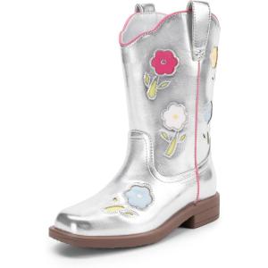 imageDREAM PAIRS Girls Cowboy Cowgirl Boots Floral Embroidered Western Square Toe Mid Calf Toddler Little Big Kid for Birthday Party ConcertSilver