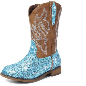 imageDREAM PAIRS Girls Cowgirl Boots Glitter Toddler Cowboy Boots Child Mid Calf Riding Shoes Party Birthday Dress Up for ToddlerLittleBig KidBlue