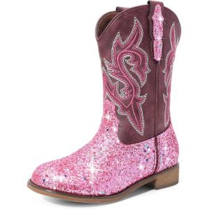 imageDREAM PAIRS Girls Cowgirl Boots Glitter Toddler Cowboy Boots Child Mid Calf Riding Shoes Party Birthday Dress Up for ToddlerLittleBig KidPink