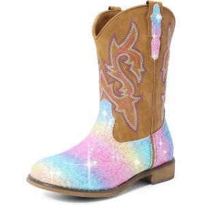 imageDREAM PAIRS Girls Cowgirl Boots Glitter Toddler Cowboy Boots Child Mid Calf Riding Shoes Party Birthday Dress Up for ToddlerLittleBig KidRainbow
