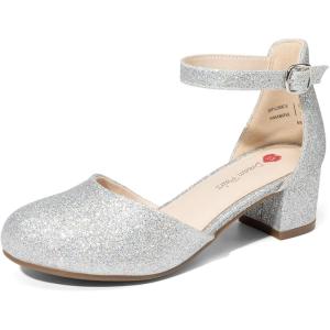 imageDREAM PAIRS Girls Dress Shoes Closed Toe High Heels Ankle Strap Toddler Little Big Kid Wedding Flower Party PumpAll Silver