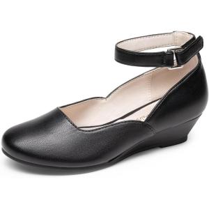 imageDREAM PAIRS Girls Dress Shoes Low Wedge Heels Ankle Strap Wedding Flower Party Pump for Toddler Little Big KidAll Black