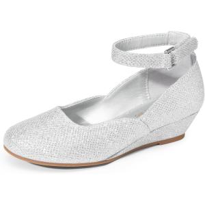imageDREAM PAIRS Girls Dress Shoes Low Wedge Heels Ankle Strap Wedding Flower Party Pump for Toddler Little Big KidSilver