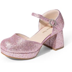 imageDREAM PAIRS Girls Dress Shoes Platform Square Toe High Heels Ankle Strap Party Wedding Flower Pump for Little Big KidPink