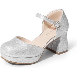 imageDREAM PAIRS Girls Dress Shoes Platform Square Toe High Heels Ankle Strap Party Wedding Flower Pump for Little Big KidSilver