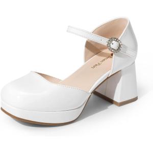 imageDREAM PAIRS Girls Dress Shoes Platform Square Toe High Heels Ankle Strap Party Wedding Flower Pump for Little Big KidWhite