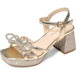 imageDREAM PAIRS Girls Sandals Open Toe Low Block Chunky Heels Sandals Bow Flower Party Dress Pumps Shoes for Little Big KidGoldglitter