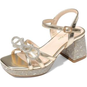 imageDREAM PAIRS Girls Sandals Open Toe Low Block Chunky Heels Sandals Bow Flower Party Dress Pumps Shoes for Little Big KidGoldmetallic