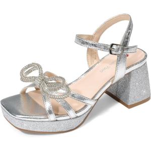 imageDREAM PAIRS Girls Sandals Open Toe Low Block Chunky Heels Sandals Bow Flower Party Dress Pumps Shoes for Little Big KidSilver
