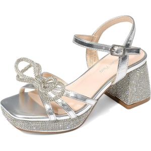 imageDREAM PAIRS Girls Sandals Open Toe Low Block Chunky Heels Sandals Bow Flower Party Dress Pumps Shoes for Little Big KidSilvermetallic