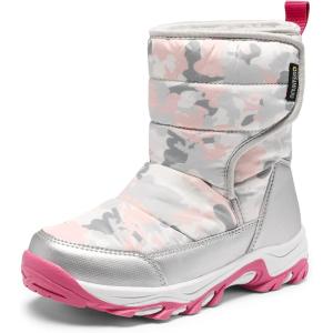 imageDREAM PAIRS Kids Waterproof Snow Boots with Hook and Loop Mid Calf Faux Fur Lining Winter BootsGrayWhiteRed