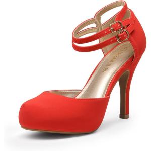 imageDREAM PAIRS Office02 Womens Classy Mary Jane Double Ankle Strap Almond Toe High Heel PumpsRedNubuck