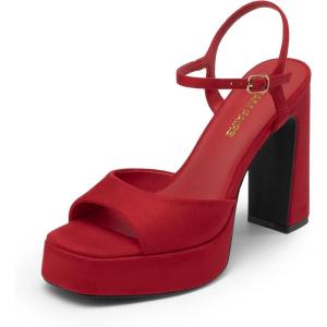 imageDREAM PAIRS Platform Heels for Women Square Toe Chunky High Heels Ankle Strap Sandals for Wedding Party Formal EventRed