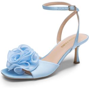 imageDREAM PAIRS Womens Low Kitten Wedding Heels Ankle Strap Square Toe Heeled Sandals Flower Dress ShoesBlue