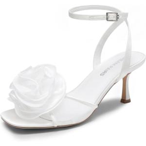 imageDREAM PAIRS Womens Low Kitten Wedding Heels Ankle Strap Square Toe Heeled Sandals Flower Dress ShoesWhitemesh