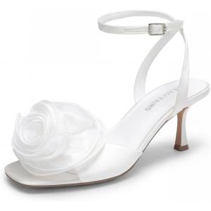 imageDREAM PAIRS Womens Low Kitten Wedding Heels Ankle Strap Square Toe Heeled Sandals Flower Dress ShoesWhitesatin