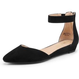 imageDREAM PAIRS Womens Low Wedge Pointed Toe Ankle Strap Dress Comfortable Casual Flats ShoesBlackNubuck